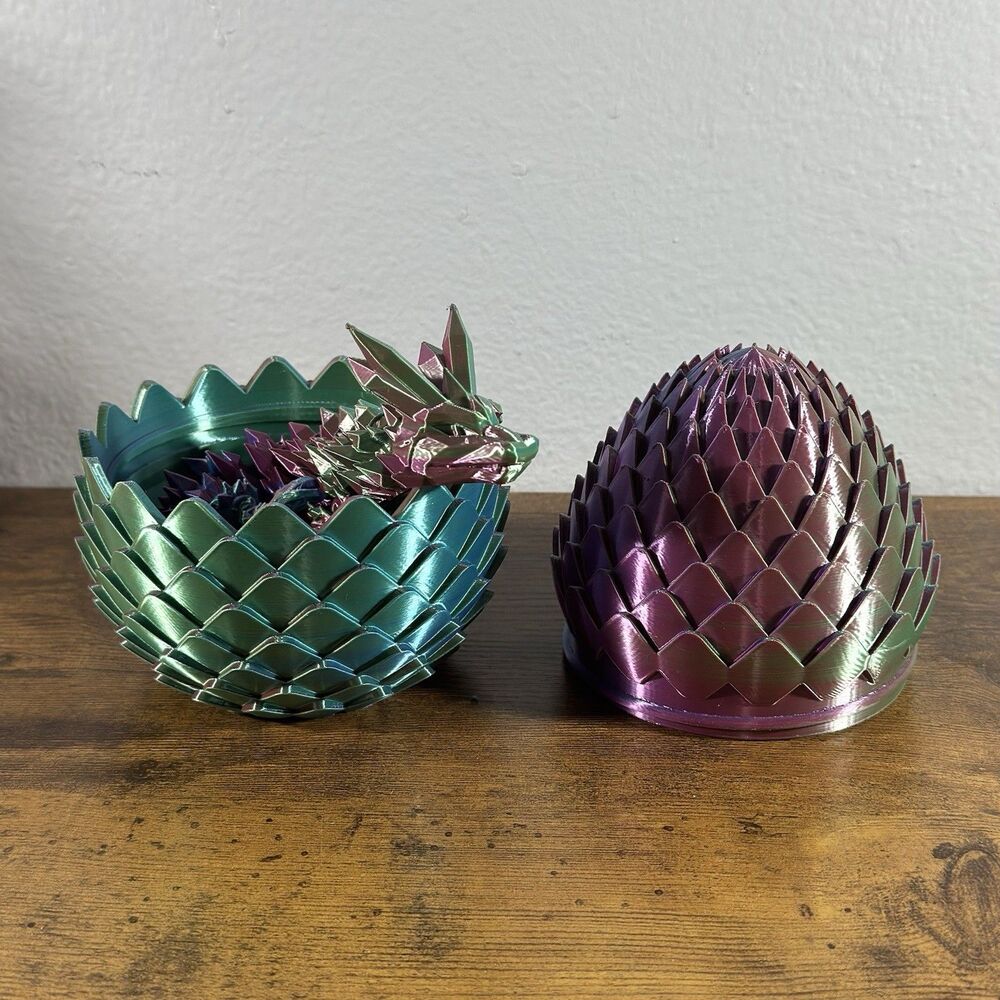 3D Printed Dragon Egg W/ 16in Crystal Dragon Inside Toy, Flexible Purple Green
